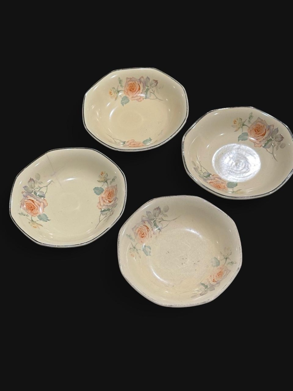 40s Cream Porcelain Dessert Bowls with Peach Rose Floral Design - Set of 4
